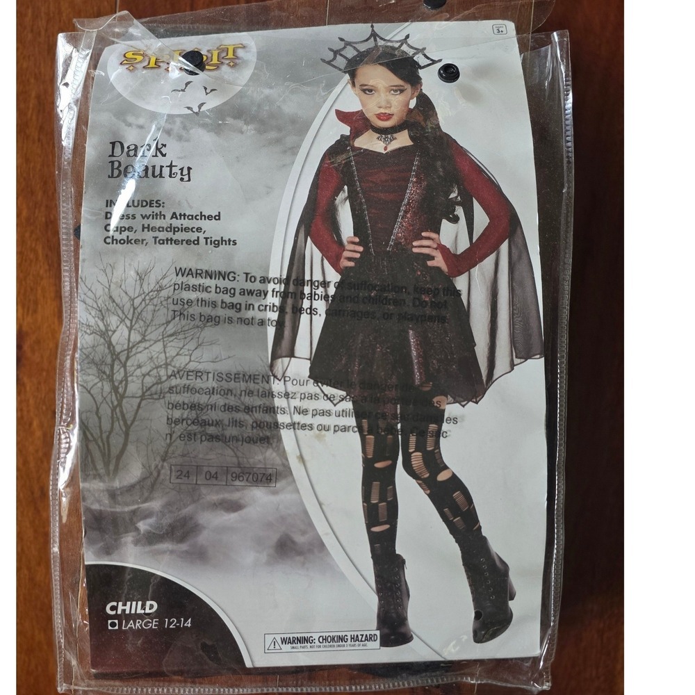 Spirit Halloween Dark Beauty Vampire Costume Child Large 12-14 Dress Cape Tights